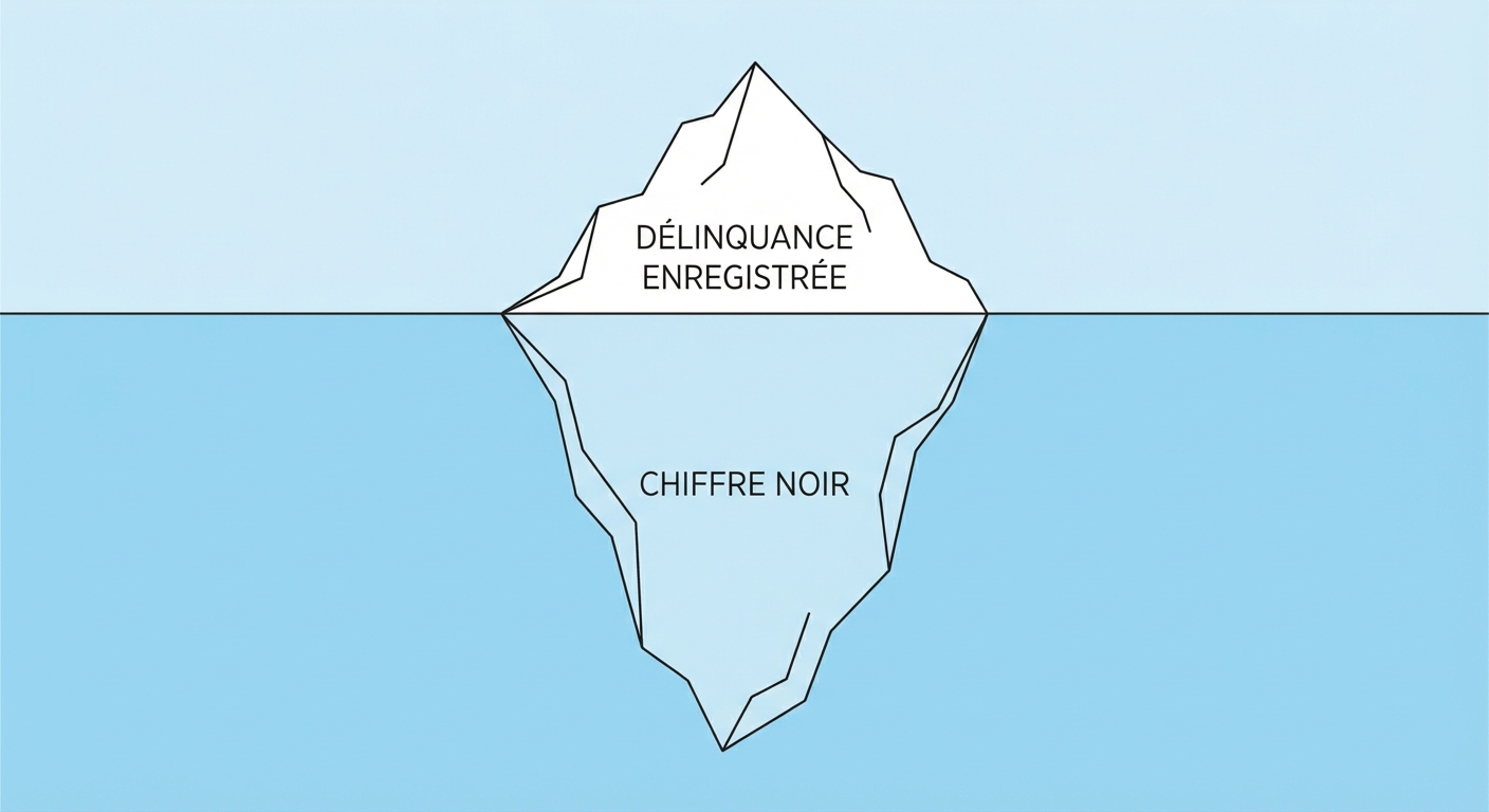 Dessin simple d'un iceberg flottant sur l'eau. La partie visible (au-dessus de l'eau) est étiquetée DÉLINQUANCE ENREGISTRÉE. La partie immergée (sous l'eau, beaucoup plus grosse) est étiquetée CHIFFRE NOIR. Fond bleu clair pour l'eau et le ciel.