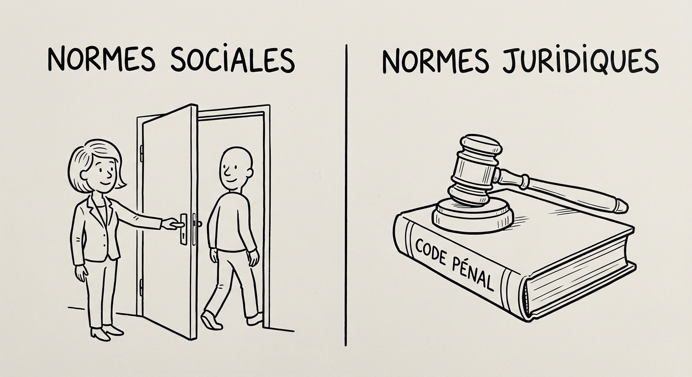 Schéma simple divisé en deux parties. À gauche, sous le titre Normes Sociales, un dessin d'une personne qui tient la porte à une autre (politesse). À droite, sous le titre Normes Juridiques, un dessin d'un marteau de juge posé sur un livre de loi (code pénal). Fond blanc, style épuré.
