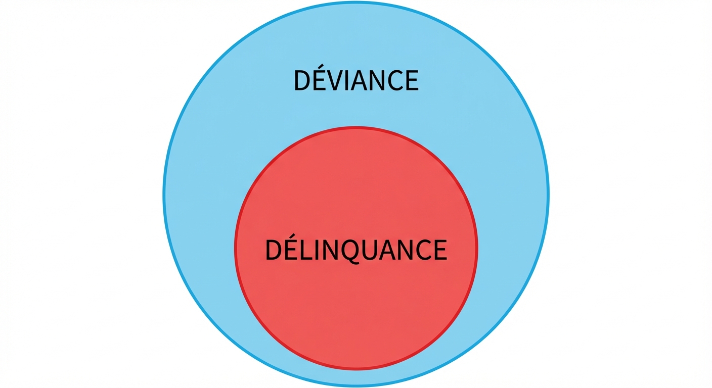 Diagramme d'Euler (cercles inclus les uns dans les autres). Un grand cercle bleu clair étiqueté DÉVIANCE. À l'intérieur de ce grand cercle, un cercle plus petit rouge étiqueté DÉLINQUANCE. Le fond est blanc, le texte est noir et lisible.