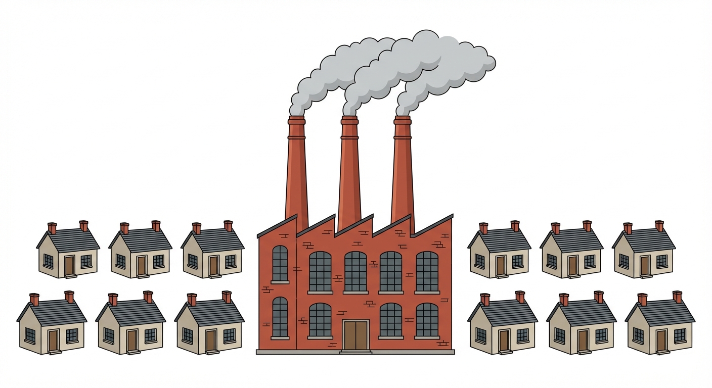 Dessin paysager simple d'une ville industrielle du dix-neuvième siècle. Au centre se trouve une grande usine en briques rouges avec exactement 3 hautes cheminées qui dégagent de la fumée grise. Autour de cette usine, on voit 12 petites maisons ouvrières, toutes identiques, réparties en 2 rangées parfaitement alignées de 6 maisons. Le fond de l'image est entièrement blanc.