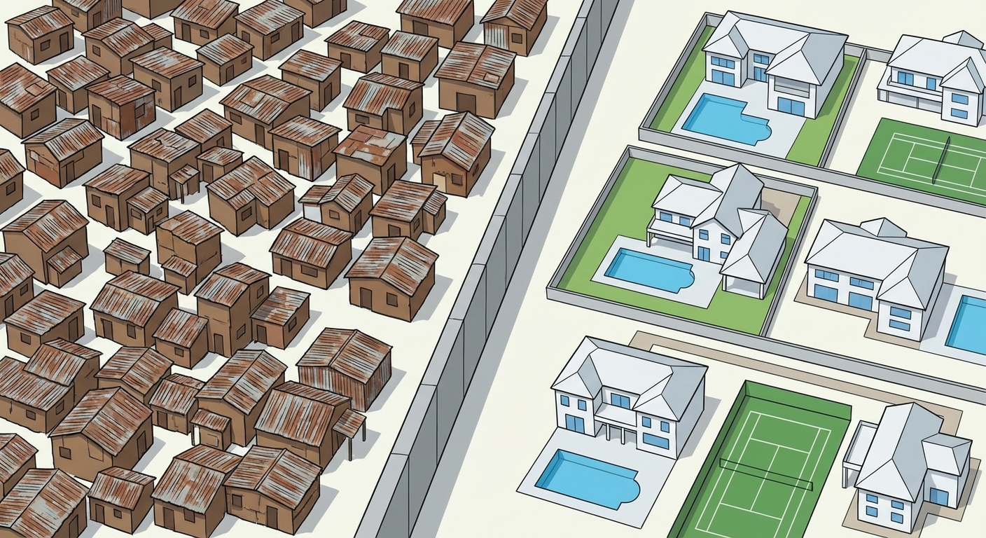 Vue aérienne verticale coupée en deux par un mur de béton gris. À gauche, des petites maisons de fortune marron et rouillées très serrées. À droite, de grandes maisons blanches espacées avec des piscines bleues et des courts de tennis verts.