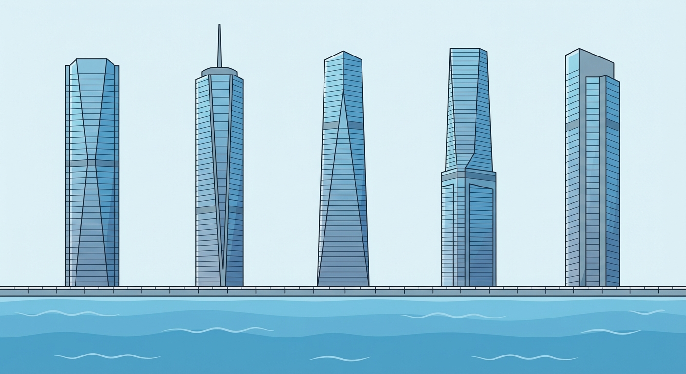 Vue panoramique d'une ville moderne avec une ligne d'horizon marquée par cinq ou six très hauts gratte-ciels en verre bleu et gris, se détachant sur un ciel clair. Au premier plan, de l'eau.