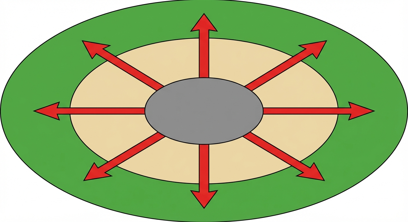 Schéma simple sur fond blanc. Au centre un rond gris (ville centre). Autour, une zone beige (banlieue). Des flèches rouges partent du centre vers l'extérieur, envahissant une zone verte (campagne), symbolisant l'étalement.