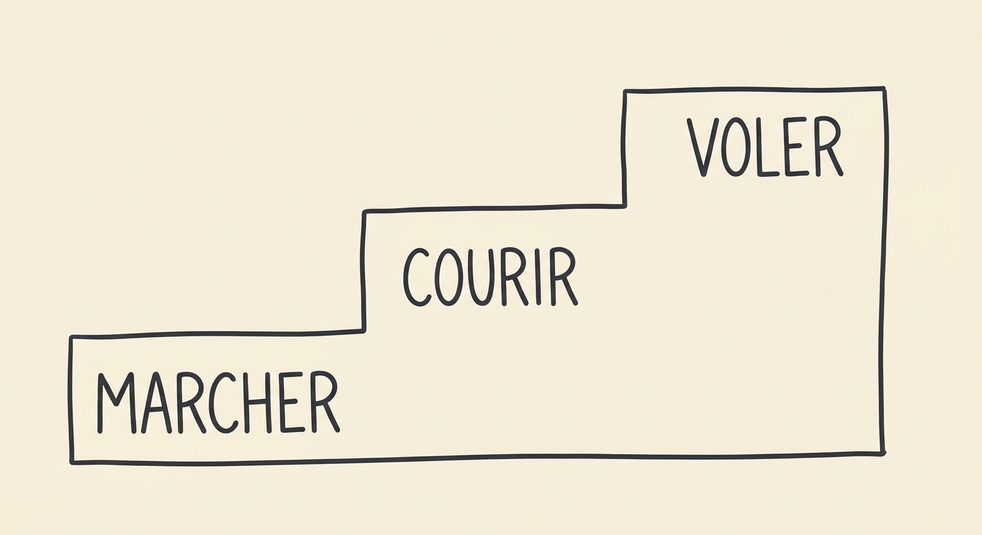 Dessin schématique d'un escalier de profil montant vers la droite avec 3 marches. Sur la première marche est écrit le mot MARCHER, sur la deuxième COURIR, sur la troisième VOLER. Fond uni clair.