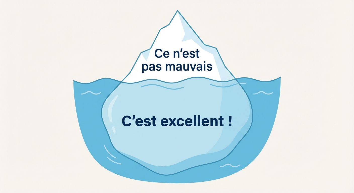 Illustration simple style vectoriel. Un iceberg flottant sur l'eau. La petite partie émergée (visible) porte le texte 'Ce n'est pas mauvais'. La très grosse partie immergée (sous l'eau) porte le texte 'C'est excellent !'.