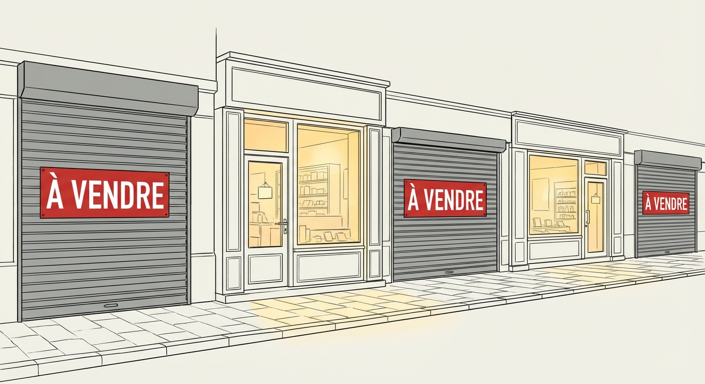 Dessin simple d'une rue principale de petite ville de face. Sur 5 magasins alignés au rez-de-chaussée, 3 magasins ont des rideaux de fer gris baissés avec des panneaux rouges portant l'inscription À VENDRE. Seuls 2 commerces ont leur vitrine éclairée. La rue est vide de passants.