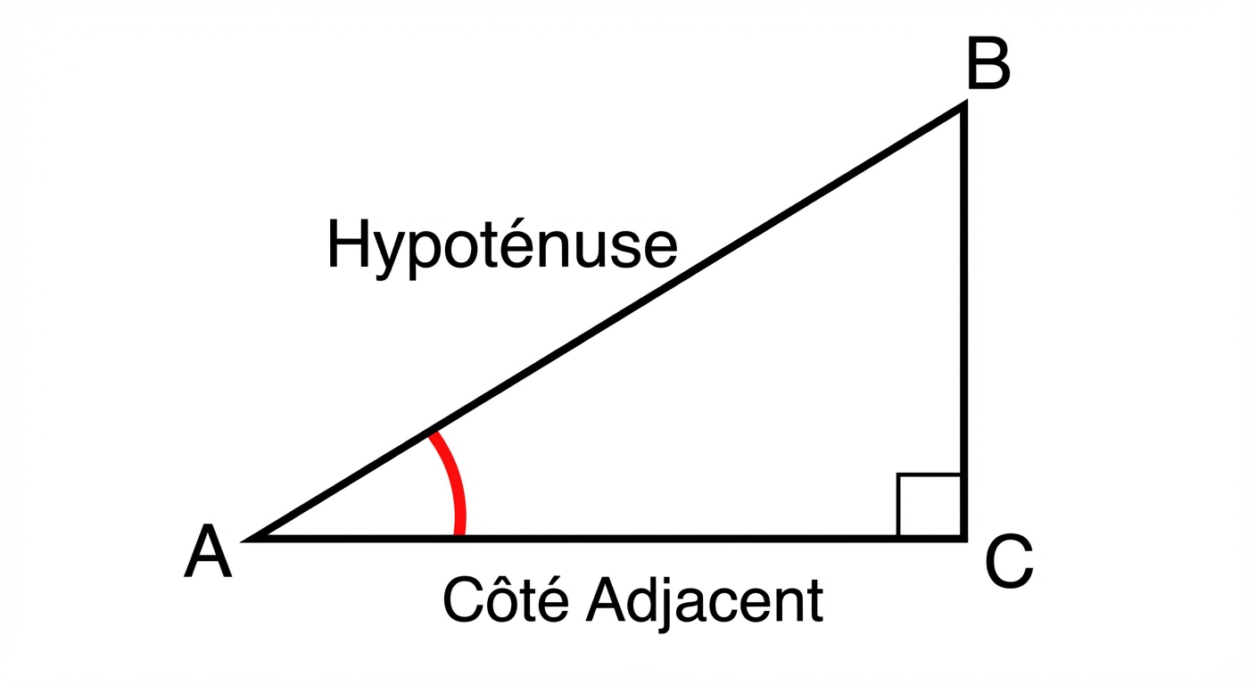 Triangle rectangle ABC, rectangle en C. L'angle A est marqué par un arc de cercle rouge. Le côté AB est légendé 'Hypoténuse'. Le côté AC est légendé 'Côté Adjacent'. Fond blanc, traits noirs nets.