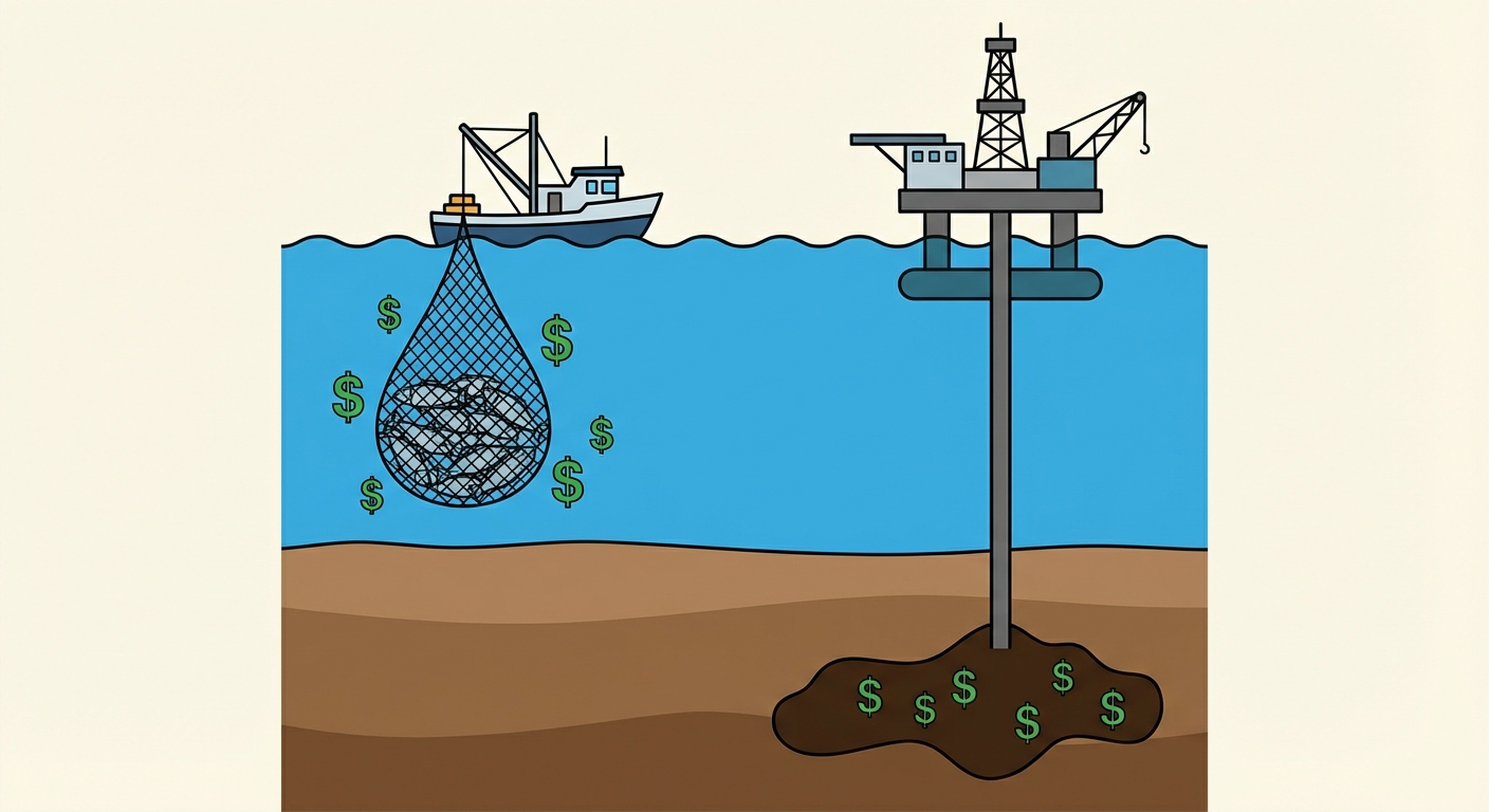Coupe transversale de l'océan. En haut, un bateau de pêche avec un filet rempli de poissons. Au fond de l'eau, une plateforme pétrolière avec un tuyau qui descend dans le sol sous-marin. Des symboles de dollars flottent près des poissons et du pétrole.