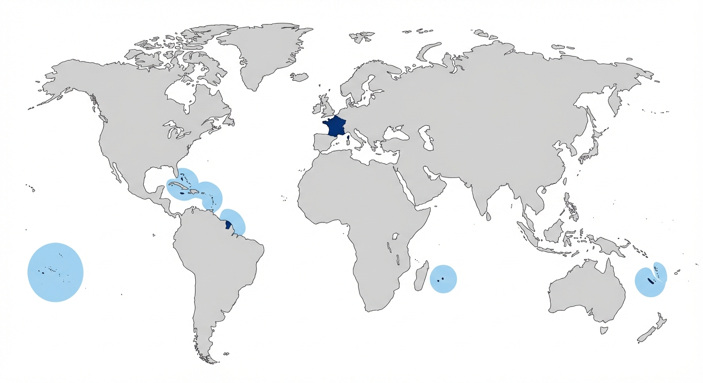 Carte du monde simplifiée sur fond blanc. Les continents sont en gris clair. La France métropolitaine est en bleu foncé. Plusieurs petites îles dispersées dans le monde (Antilles, Guyane, Réunion, Polynésie, Nouvelle-Calédonie) sont aussi en bleu foncé, entourées chacune d'un grand cercle bleu clair représentant leur ZEE.
