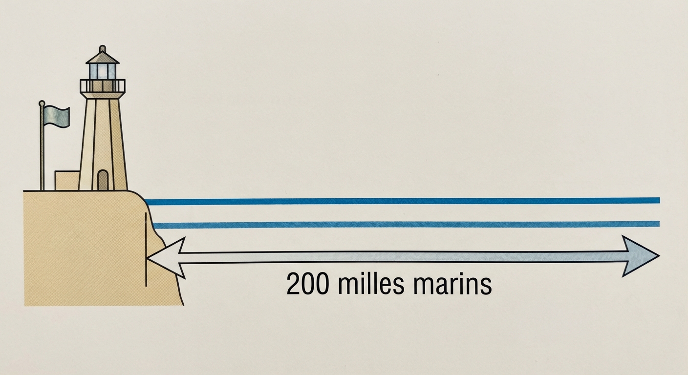Schéma simple en 2D vue de profil. À gauche, une côte avec un phare et un drapeau. Une ligne horizontale bleue représente la surface de la mer qui s'étend vers la droite. Une flèche double indique une distance partant de la côte et allant vers le large, annotée '200 milles marins'.