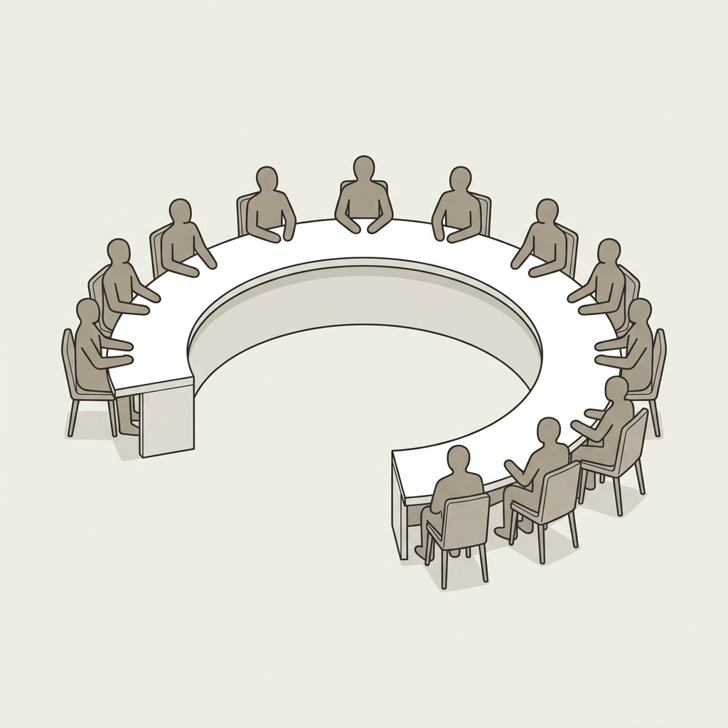 Dessin sobre montrant une tribune internationale épurée avec des silhouettes stylisées de délégués assis autour d'une grande table de conférence en demi-cercle. Traits nets, style manuel scolaire, fond lumineux neutre sans aucun texte ni symbole.