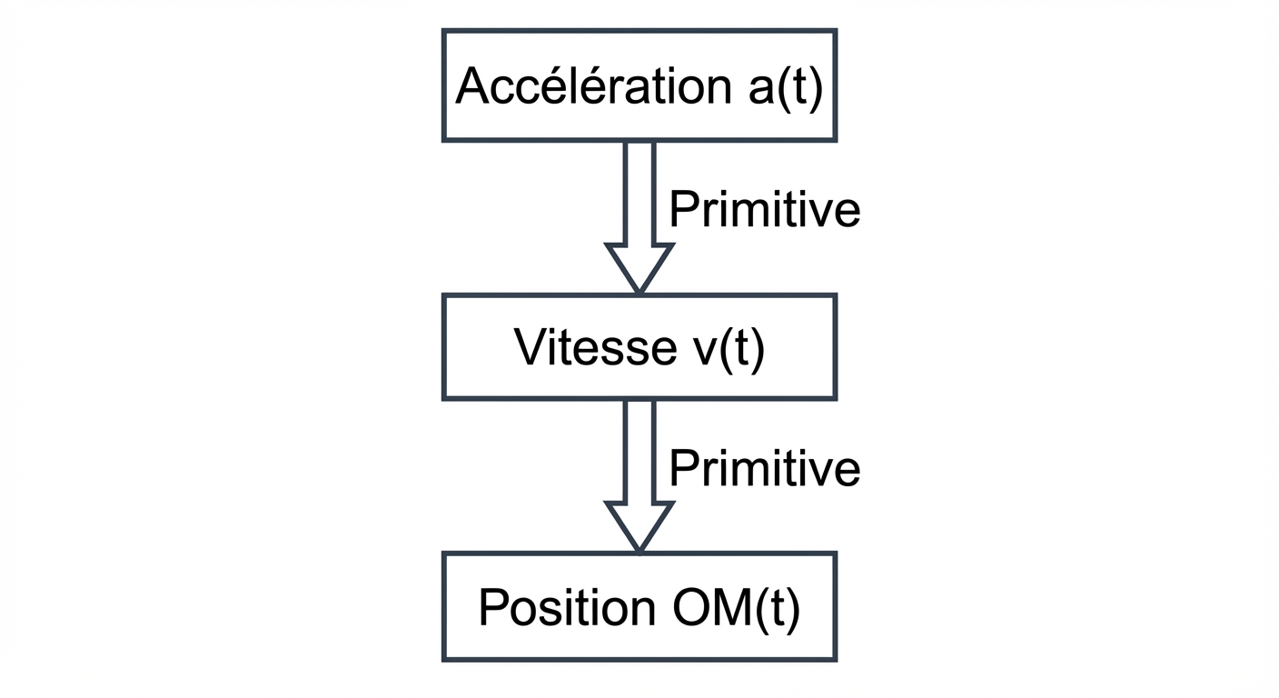 Schéma simple vertical avec trois cases reliées par des flèches vers le bas. Case du haut : 'Accélération a(t)'. Flèche vers le bas marquée 'Primitive'. Case du milieu : 'Vitesse v(t)'. Flèche vers le bas marquée 'Primitive'. Case du bas : 'Position OM(t)'. Fond blanc, style épuré.