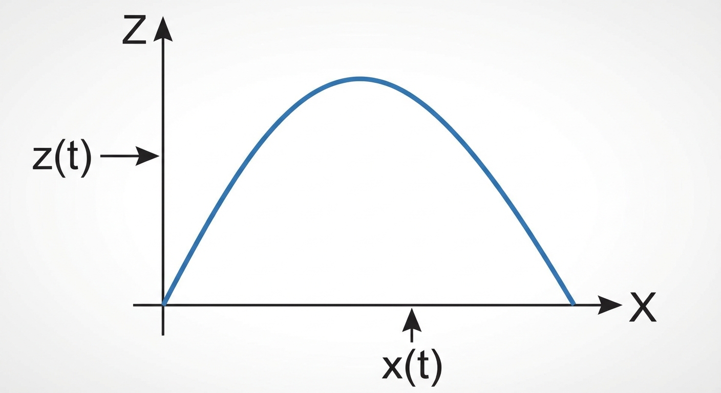 Dessin d'un graphique 2D. Axe horizontal X, axe vertical Z. Une courbe parabolique en cloche part de l'origine, monte puis redescend. Une équation z(t) pointe vers l'axe vertical, une équation x(t) pointe vers l'axe horizontal.