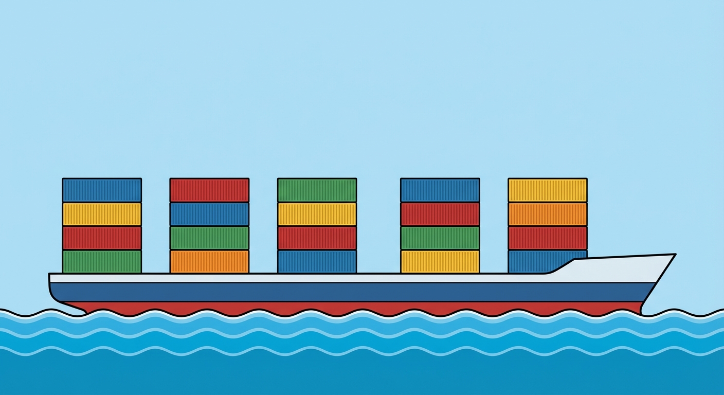 Dessin simple et coloré d'un très grand navire porte-conteneurs vu de profil, flottant sur des vagues bleues. Le navire transporte exactement 20 boîtes rectangulaires de différentes couleurs empilées soigneusement sur son pont. Le fond montre un ciel bleu clair sans nuage.