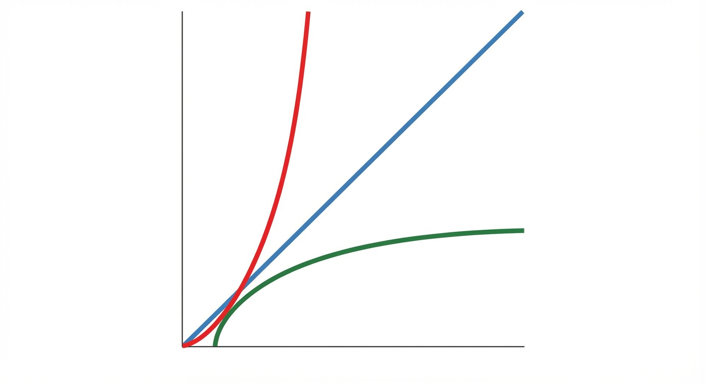 Graphique mathématique simple sur fond blanc avec trois courbes de couleurs différentes dans le premier quadrant. Une courbe rouge monte très vite presque à la verticale (exponentielle). Une courbe bleue monte en ligne droite diagonale (fonction x). Une courbe verte monte doucement et s'aplatit vers la droite (logarithme).