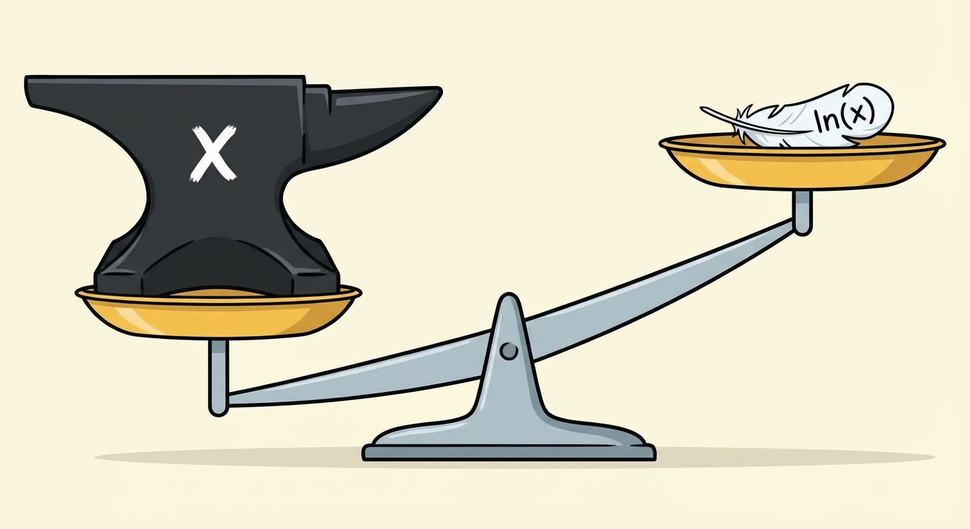 Dessin simple style cartoon d'une balance à fléau classique. Sur le plateau de gauche, une grosse enclume noire marquée 'x'. Sur le plateau de droite, une petite plume blanche légère marquée 'ln(x)'. Le plateau de gauche avec l'enclume est tout en bas.
