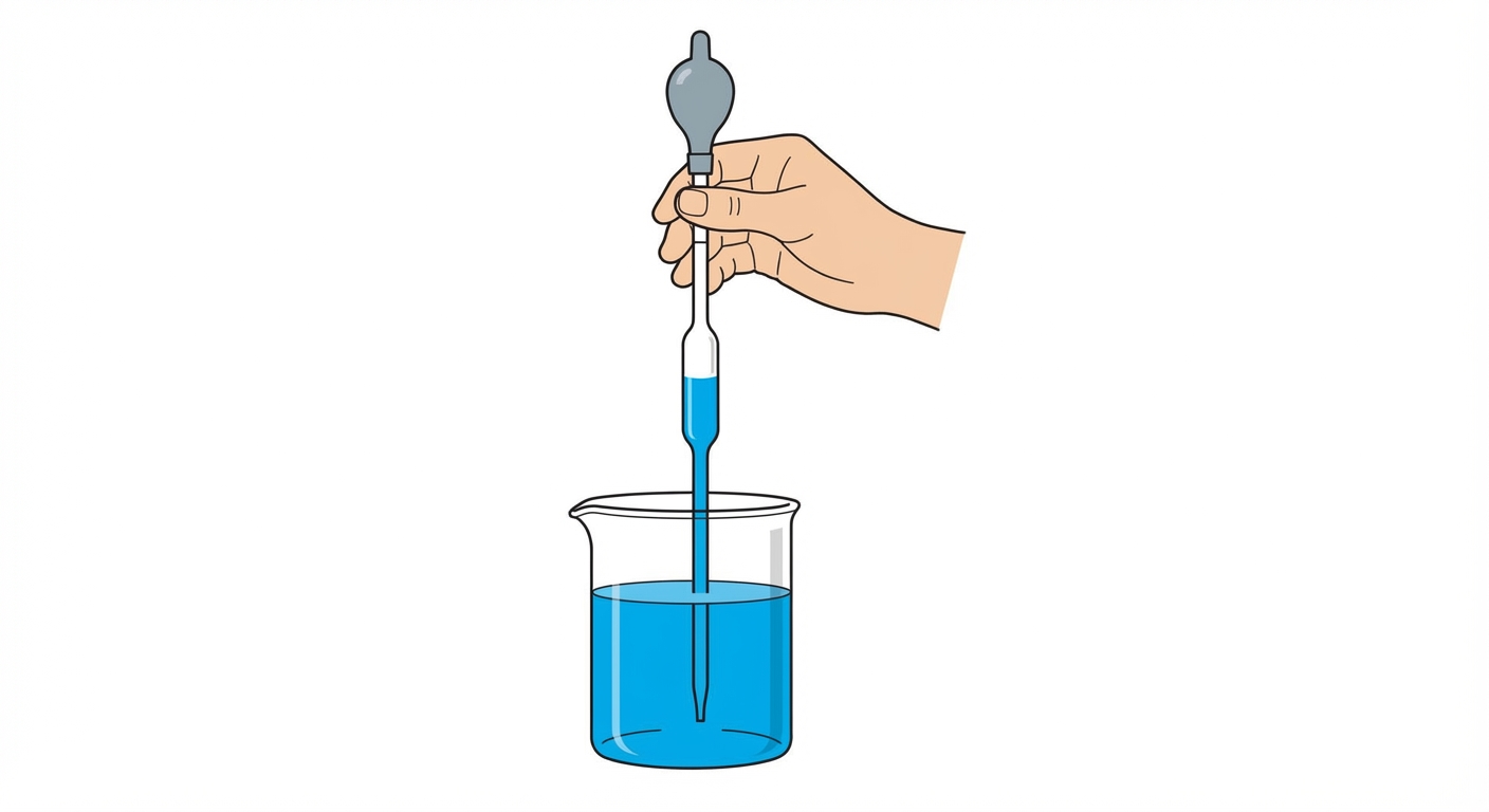 Dessin technique simple vue de côté. Une main tient une pipette jaugée verticale qui aspire du liquide bleu dans un bécher. Le liquide monte dans la pipette. Fond blanc.