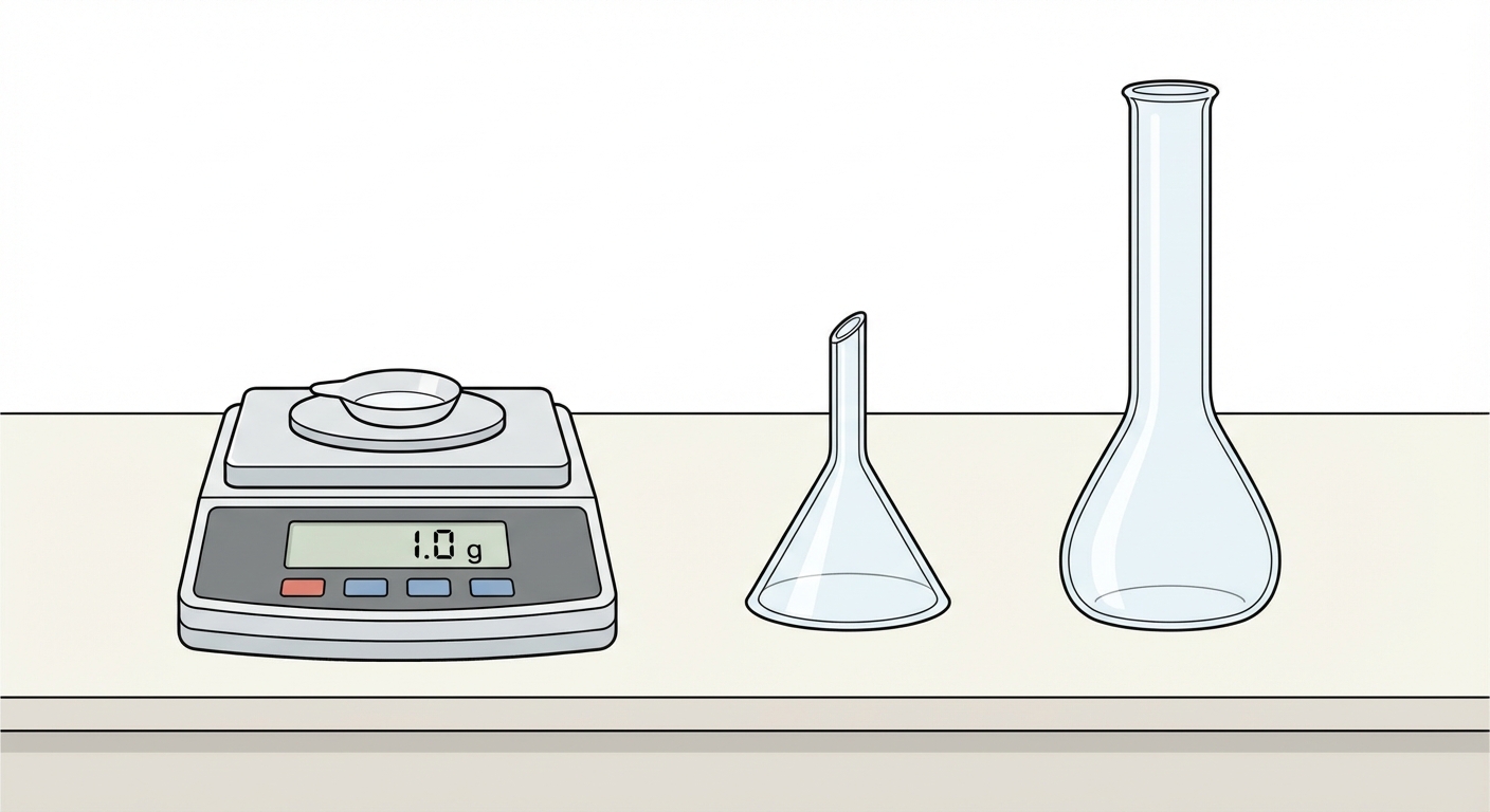 Schéma de laboratoire sur fond blanc montrant trois objets distincts posés sur une paillasse : une balance électronique affichant '1.0 g' avec une coupelle dessus, un entonnoir en verre, et une fiole jaugée en verre vide.
