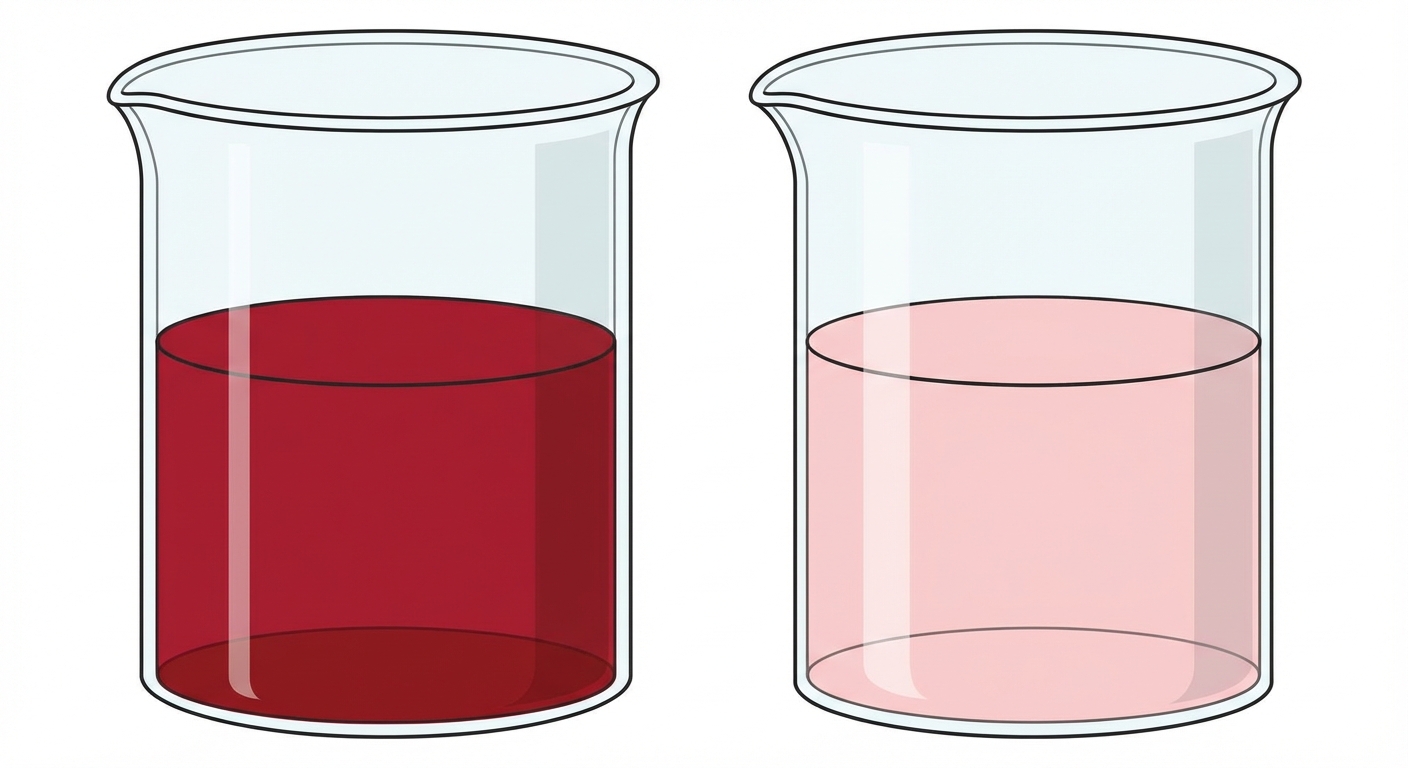Dessin simple de deux verres transparents identiques sur fond blanc. Le verre de gauche contient un liquide rouge foncé (concentré). Le verre de droite contient un liquide rose pâle (dilué). Le niveau de liquide est le même dans les deux verres.