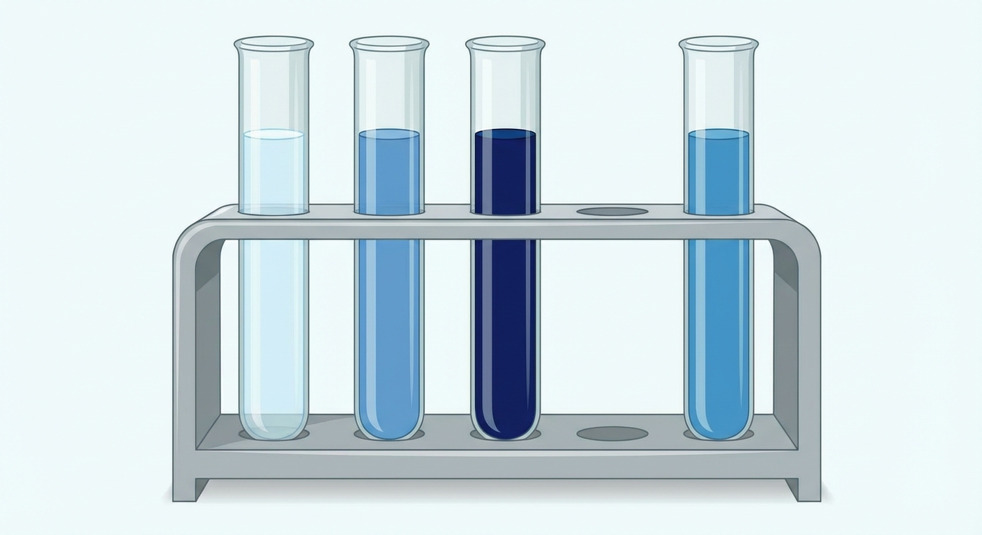 Vue de face de 4 tubes à essai verticaux alignés sur un porte-tubes gris. Tube 1 : liquide bleu très clair. Tube 2 : liquide bleu moyen. Tube 3 : liquide bleu très foncé. Tube 4 (séparé un peu à droite) : liquide bleu identique au Tube 2.