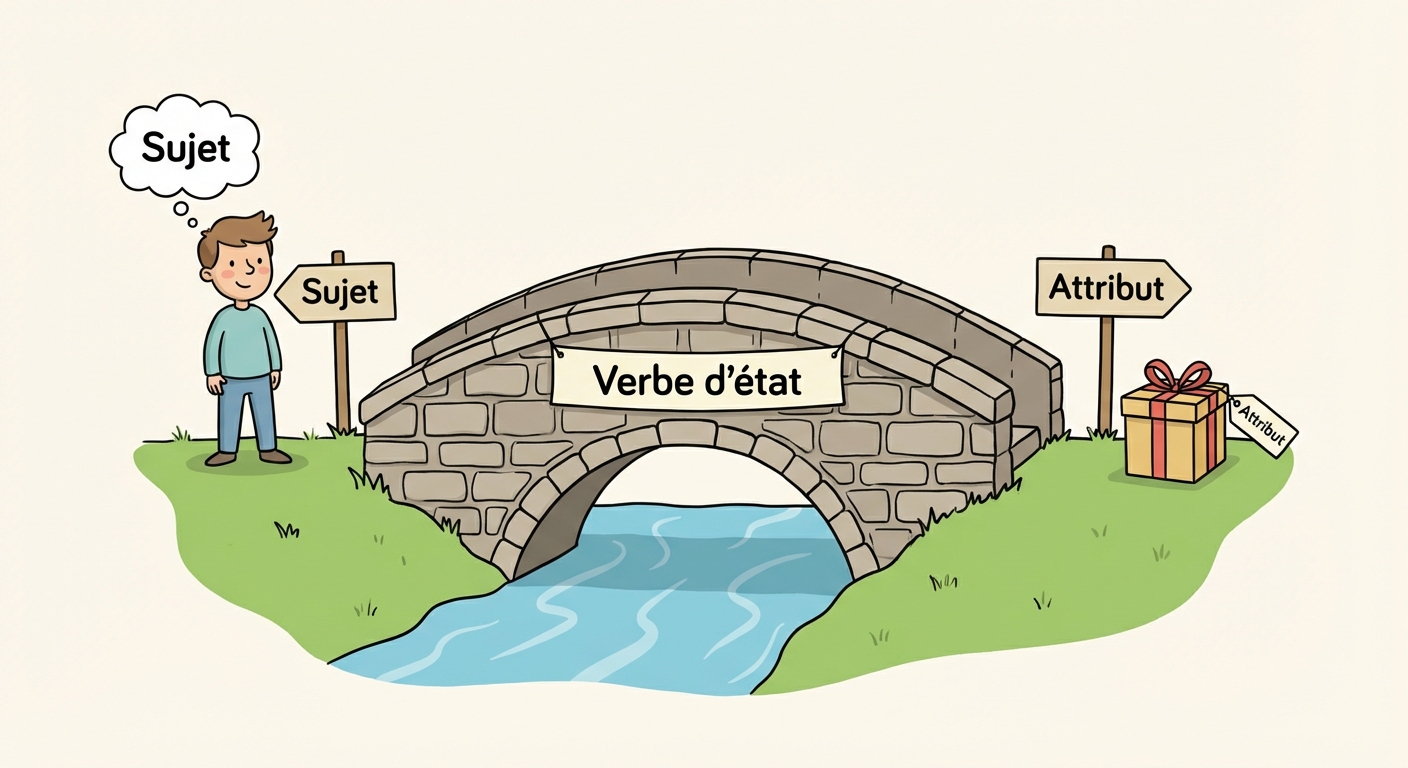 Illustration style cartoon : un pont en pierre. Sur la rive gauche, un personnage nommé 'Sujet'. Sur la rive droite, un paquet cadeau nommé 'Attribut'. Le pont porte l'étiquette 'Verbe d'état'.