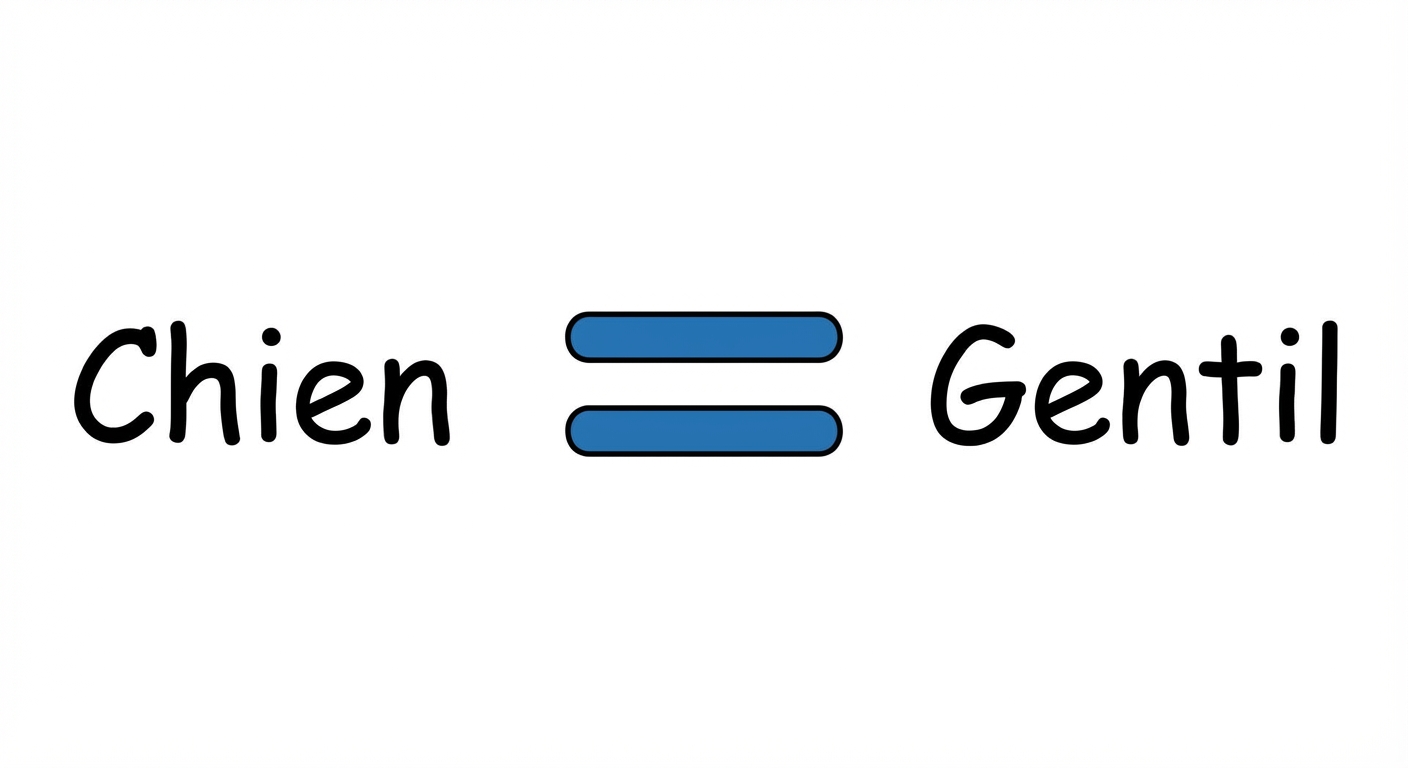 Dessin schématique simple : à gauche le mot 'Chien', au centre un grand signe égal (=) bleu, à droite le mot 'Gentil'. Fond blanc épuré.