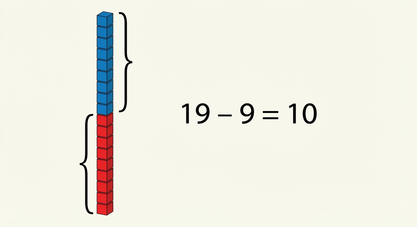 Infographie simple. À gauche, une pile de 19 cubes (représentant A). Une accolade montre que les 9 cubes du bas sont rouges (Z). Une autre accolade montre que les 10 cubes du haut sont bleus (Neutrons). Une formule mathématique au centre : 19 - 9 = 10.