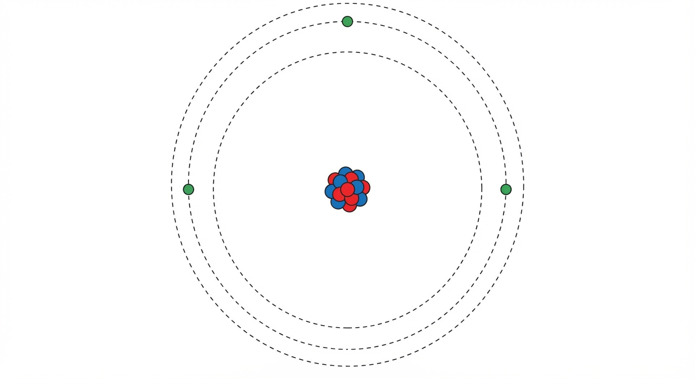Schéma pédagogique sur fond blanc. Au centre, un petit noyau compact (billes rouges et bleues). Très loin autour, sur des trajectoires circulaires en pointillés, 3 petites billes vertes (électrons) gravitent. L'espace entre le noyau et les électrons est très grand.