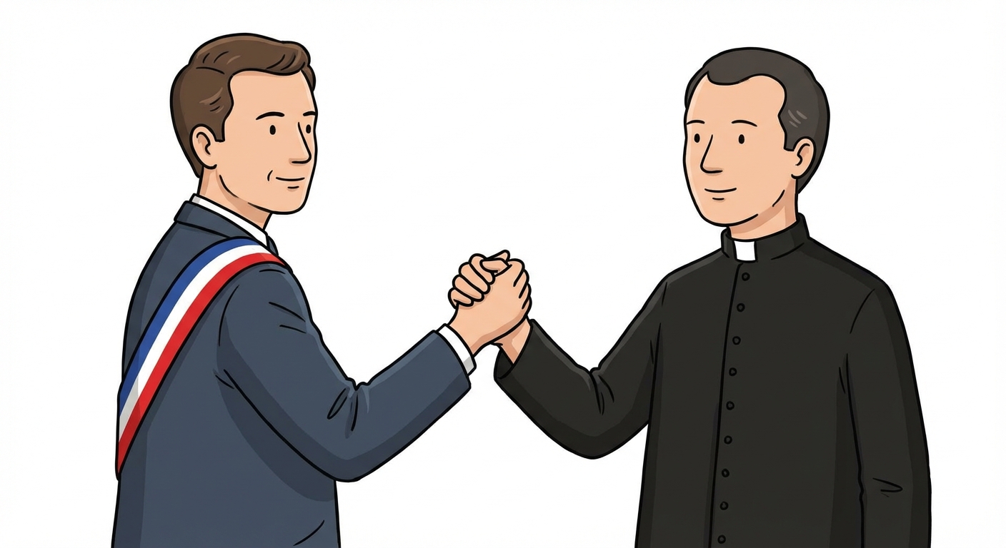 Dessin simple style manuel scolaire : à gauche un maire avec une écharpe tricolore, à droite un prêtre en soutane noire. Ils se tiennent la main fermement pour montrer qu'ils sont liés. Fond blanc uni.