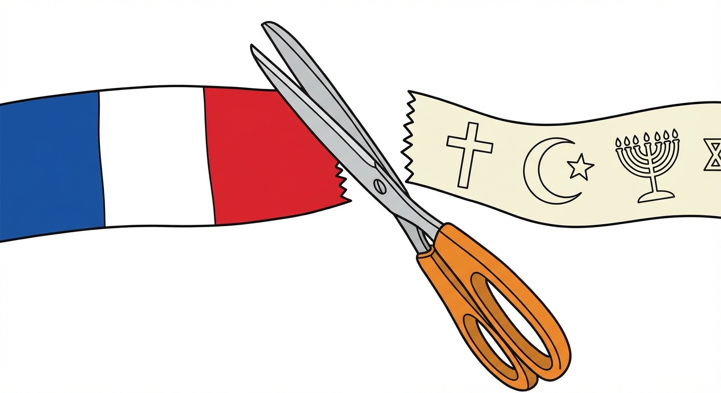 Dessin schématique : une paire de ciseaux ouverte au centre qui coupe un ruban. Le côté gauche du ruban est bleu blanc rouge. Le côté droit du ruban porte des symboles religieux simples. Fond blanc.
