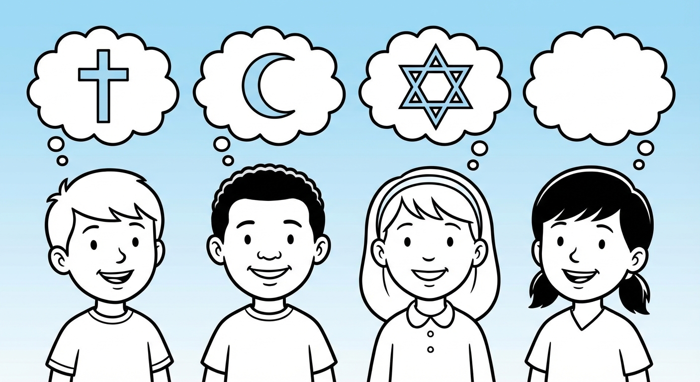Illustration style bande dessinée : quatre enfants souriants côte à côte. Au-dessus de leurs têtes, des bulles de pensée (nuages). La première bulle contient une croix, la deuxième un croissant de lune, la troisième une étoile de David, la quatrième bulle est vide. Fond bleu ciel.
