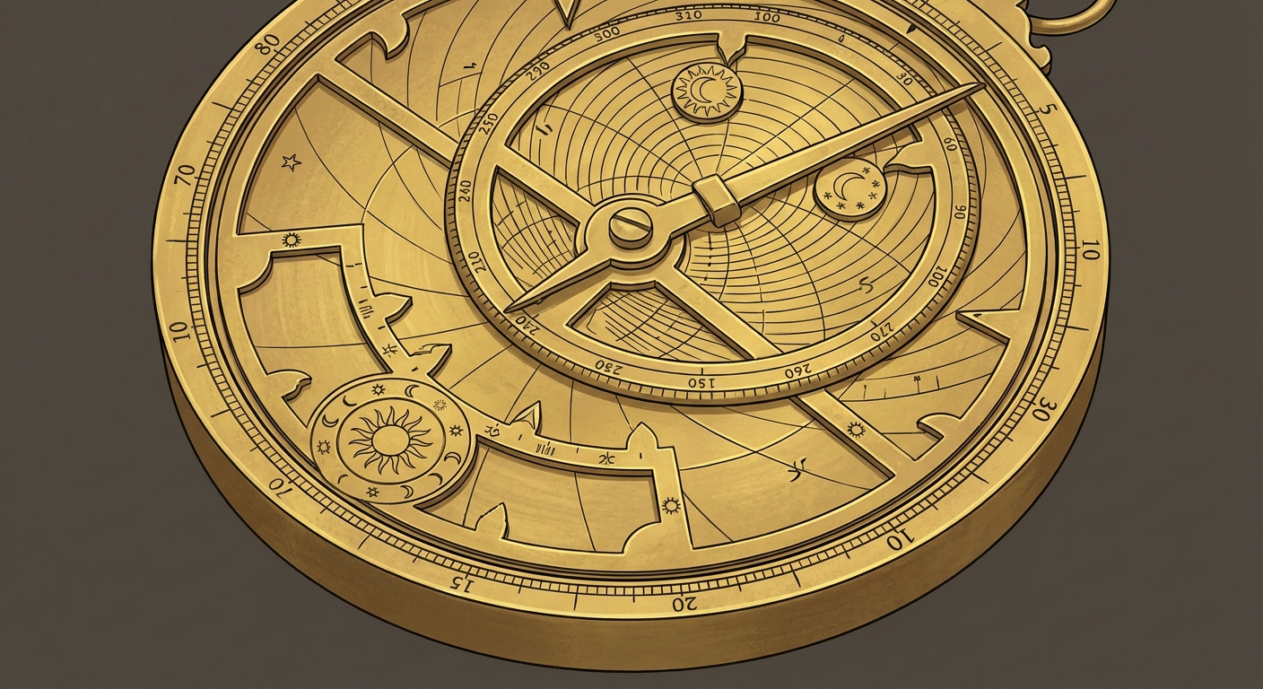 Gros plan sur un astrolabe ancien en laiton doré. C'est un disque rond avec des gravures complexes, des aiguilles et des symboles astronomiques. Fond neutre sombre pour bien voir l'objet métallique.