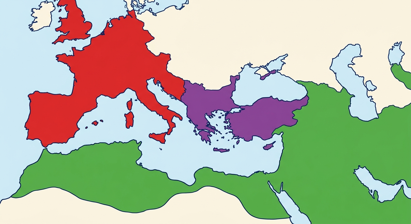 Carte simplifiée de la Méditerranée au 12ème siècle. Trois zones colorées distinctes : l'Europe de l'Ouest en rouge (Chrétienté occidentale), l'Europe de l'Est et la Turquie actuelle en violet (Empire byzantin), et tout le Maghreb, l'Égypte et le Moyen-Orient en vert (Monde musulman).