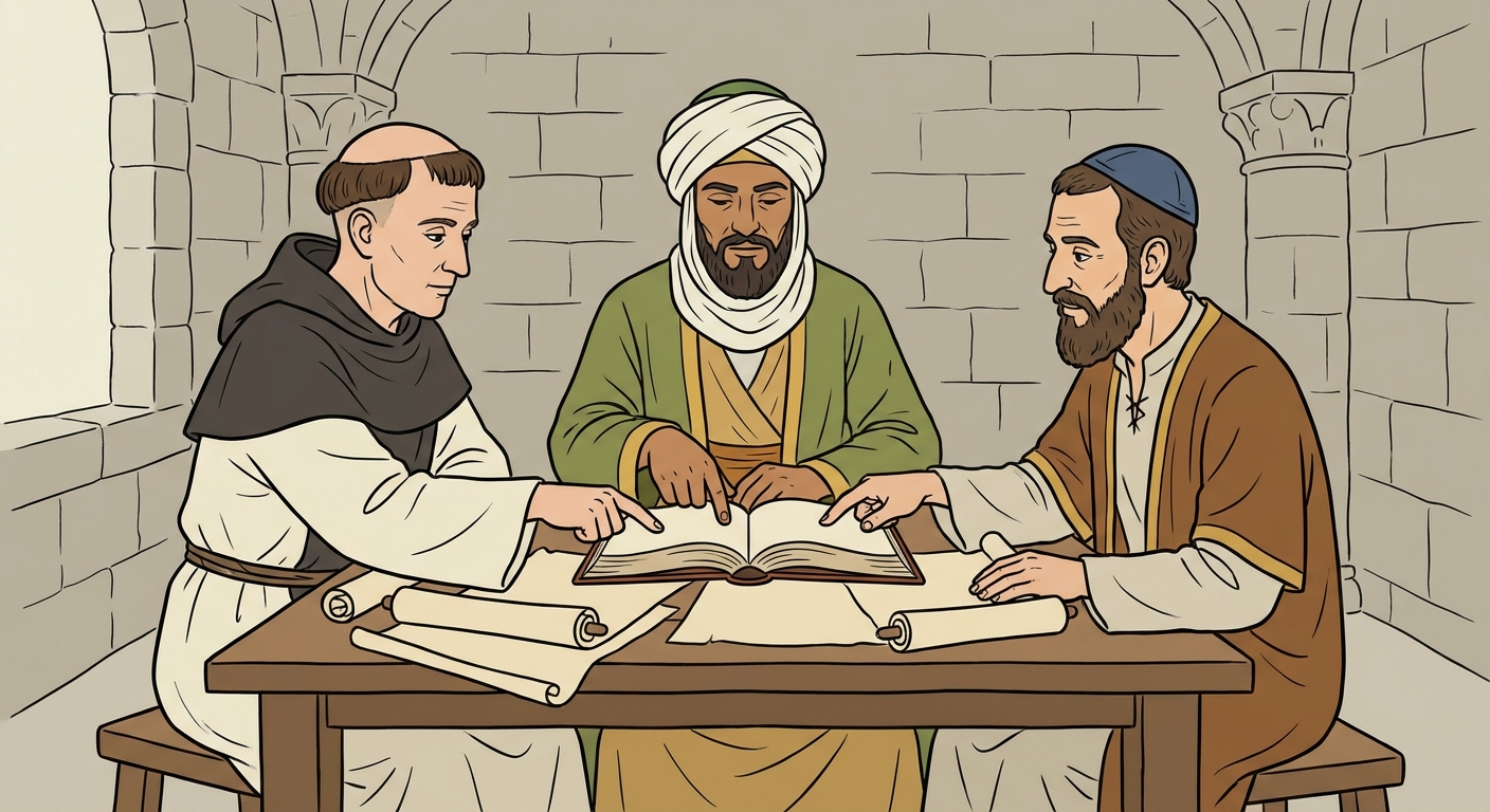 Scène d'intérieur médiéval en pierre. Trois hommes sont assis autour d'une table en bois couverte de parchemins. Un homme porte une robe de moine (chrétien), un autre un turban (musulman), le troisième une kippa (juif). Ils pointent tous le doigt vers un livre ouvert au centre.