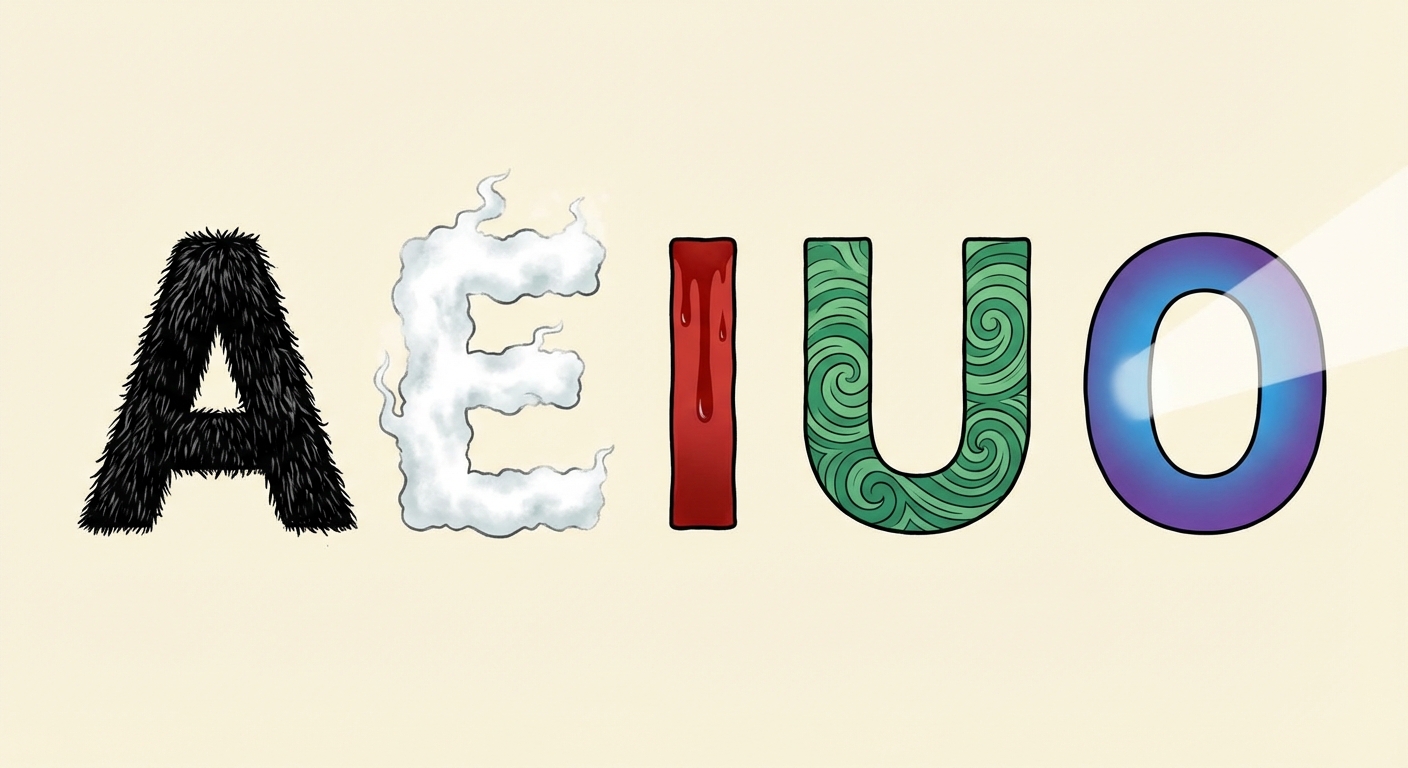 Illustration conceptuelle montrant 5 grandes lettres majuscules alignées : A, E, I, U, O. La lettre A est remplie d'une texture noire velue. La lettre E est blanche comme de la vapeur. La lettre I est rouge sang. La lettre U est verte avec des motifs de vagues. La lettre O est bleue et violette avec un rayon de lumière.