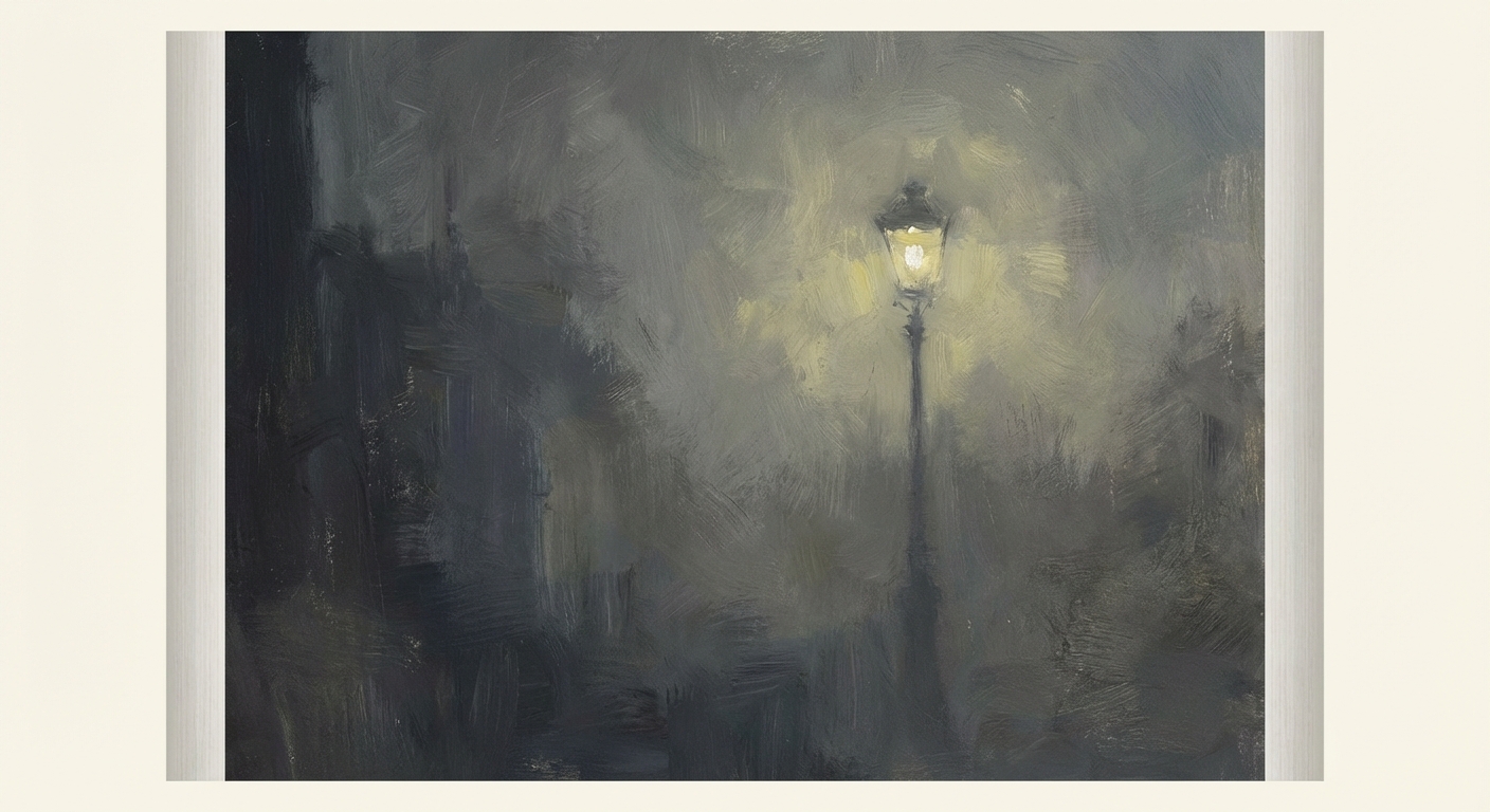 Peinture style impressionniste d'un paysage urbain de nuit sous un épais brouillard. On distingue à peine la silhouette d'un réverbère allumé qui diffuse une lumière jaune floue. Ambiance mystérieuse et mélancolique, couleurs dominantes gris, bleu sombre et jaune pâle.