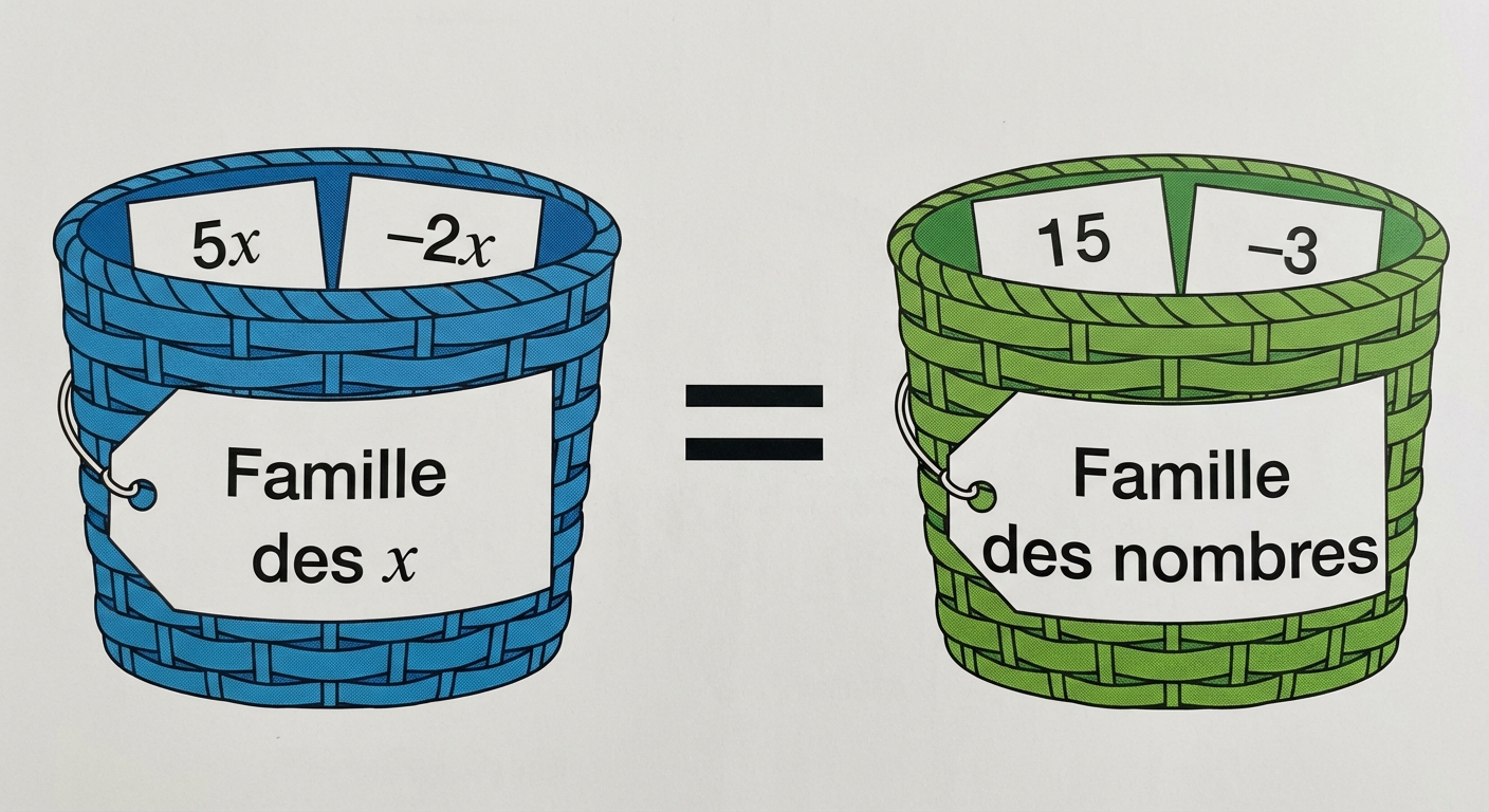 Schéma explicatif sur fond blanc. Au centre, le signe égal. À gauche, un panier bleu étiqueté 'Famille des x' contenant les étiquettes '5x' et '-2x'. À droite, un panier vert étiqueté 'Famille des nombres' contenant les étiquettes '15' et '-3'.
