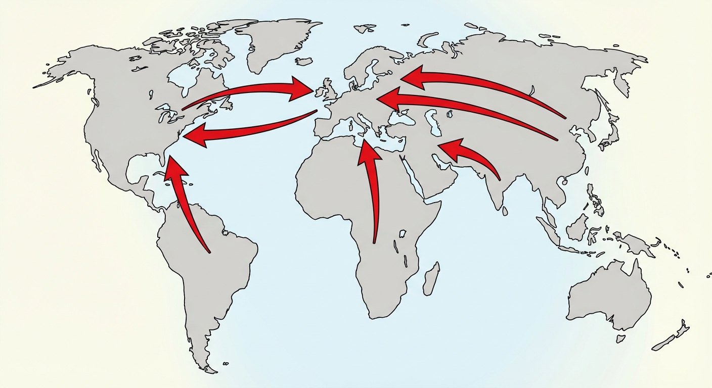Carte du monde simplifiée style scolaire. Fond des continents en gris clair, océans en bleu pâle. Flèches rouges indiquant les mouvements : Afrique vers Europe, Amérique du Sud vers Amérique du Nord, Asie du Sud vers Moyen-Orient, et flux internes entre pays riches.