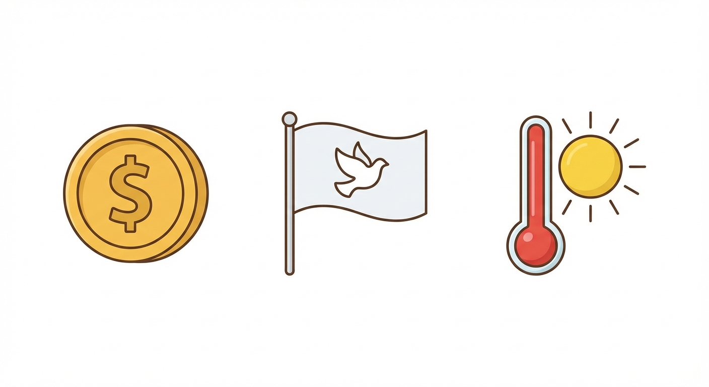 Illustration simple sur fond blanc avec trois icônes distinctes alignées horizontalement. À gauche, une pièce de monnaie pour l'économique. Au centre, un drapeau blanc de paix ou une colombe pour le politique. À droite, un thermomètre rouge et un soleil pour le climatique.