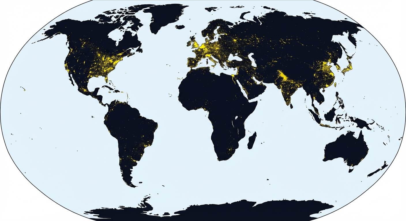 Carte du monde vue de nuit depuis l'espace. Les continents sont sombres mais les zones très peuplées et développées (Europe, États-Unis, Asie de l'Est) brillent intensément en jaune, montrant la densité urbaine.