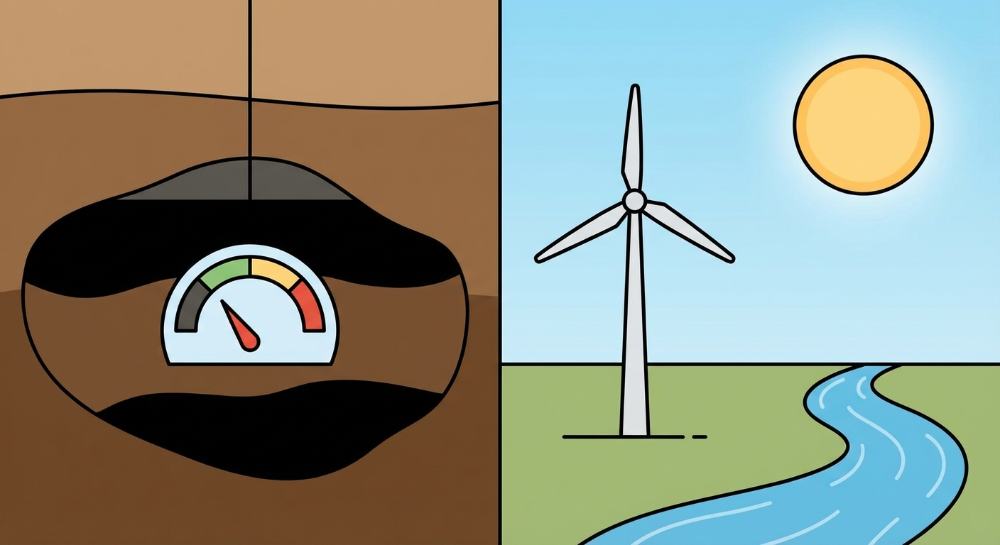 Schéma comparatif simple. À gauche, sous le sol, des poches noires représentant le pétrole et le charbon avec un symbole de jauge qui baisse. À droite, un ciel bleu avec un grand soleil, une éolienne et une rivière, symbolisant des ressources infinies.