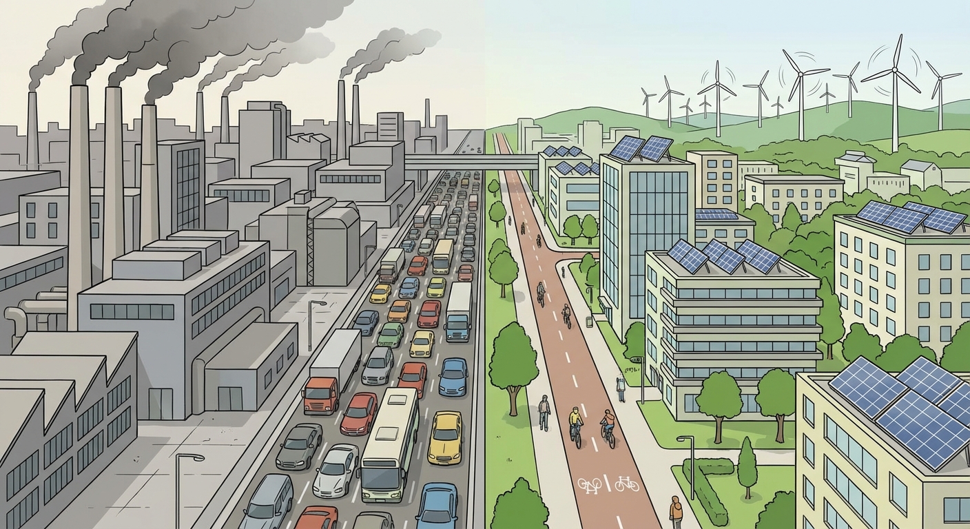 Illustration divisée en deux. Partie gauche 'Avant' : usines grises, fumée, trafic routier intense. Partie droite 'Après' : ville verte, panneaux solaires sur les toits, pistes cyclables et éoliennes au loin.