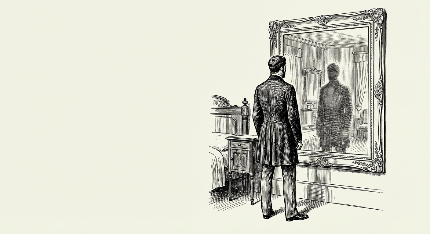 Dessin réaliste en noir et blanc d'une chambre ancienne du 19ème siècle. Un homme se tient de dos face à un grand miroir. Dans le miroir, le reflet ne montre pas l'homme, mais une silhouette floue et sombre à la place.