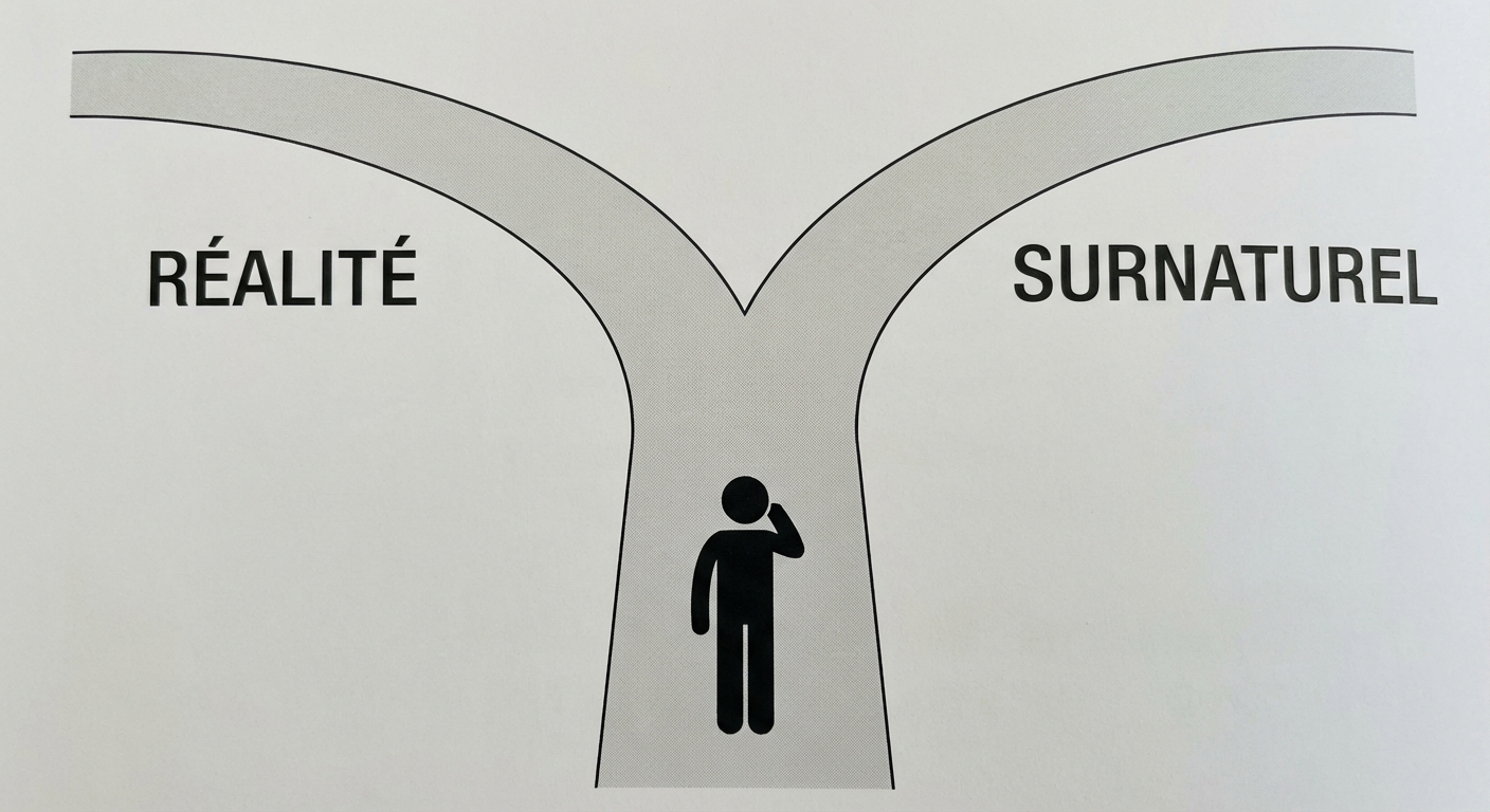 Schéma simple sur fond blanc. Un chemin droit se sépare en deux branches formant un Y. La branche de gauche est étiquetée RÉALITÉ, la branche de droite est étiquetée SURNATUREL. Un personnage silhouette est arrêté juste avant l'intersection, hésitant.