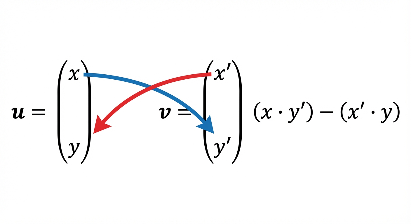 Schéma mathématique sur fond blanc. À gauche, un vecteur colonne u avec x en haut, y en bas. À droite, un vecteur colonne v avec x' en haut, y' en bas. Une flèche bleue relie x vers y'. Une flèche rouge relie x' vers y. Le texte au centre indique en gros : (x * y') - (x' * y).