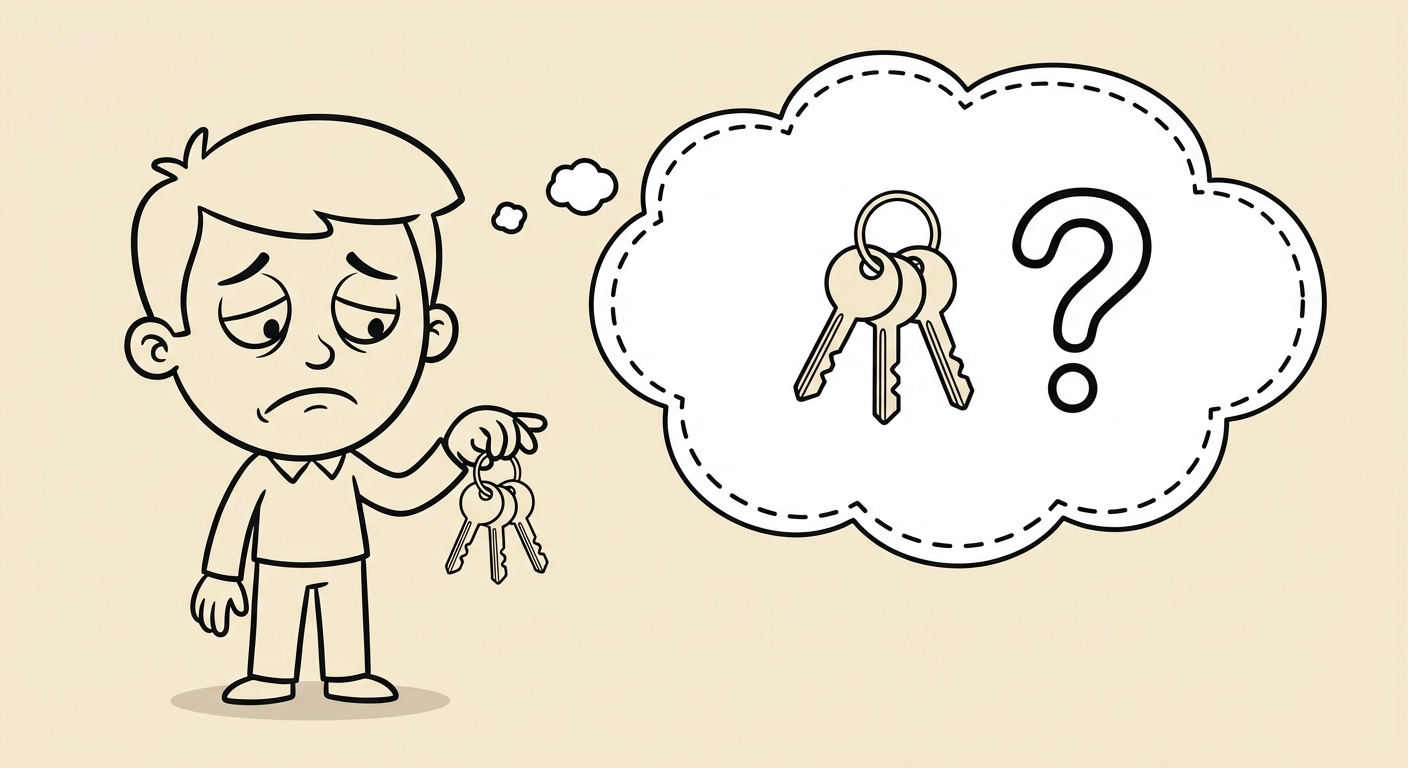 Dessin simple style cartoon. À gauche, un personnage triste tient des clés dans sa main. À droite, une bulle de pensée montre les clés avec un point d'interrogation. Le fond est neutre et clair.
