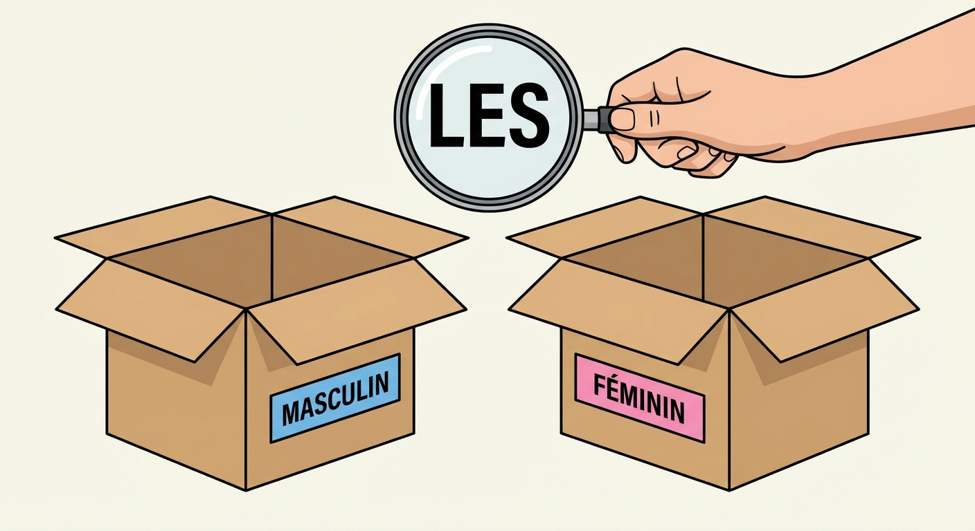 Illustration de deux boîtes ouvertes. La première boîte contient une étiquette bleue 'masculin'. La deuxième boîte contient une étiquette rose 'féminin'. Une main tient une loupe au-dessus du mot 'les' écrit en gros caractères noirs.