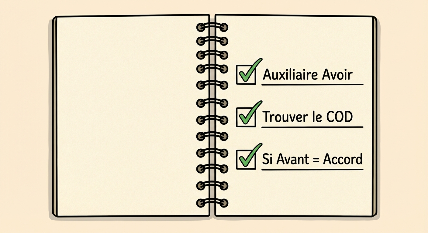 Dessin d'une check-list sur un carnet à spirales. Trois lignes cochées en vert. Première ligne : 'Auxiliaire Avoir'. Deuxième ligne : 'Trouver le COD'. Troisième ligne : 'Si Avant = Accord'.