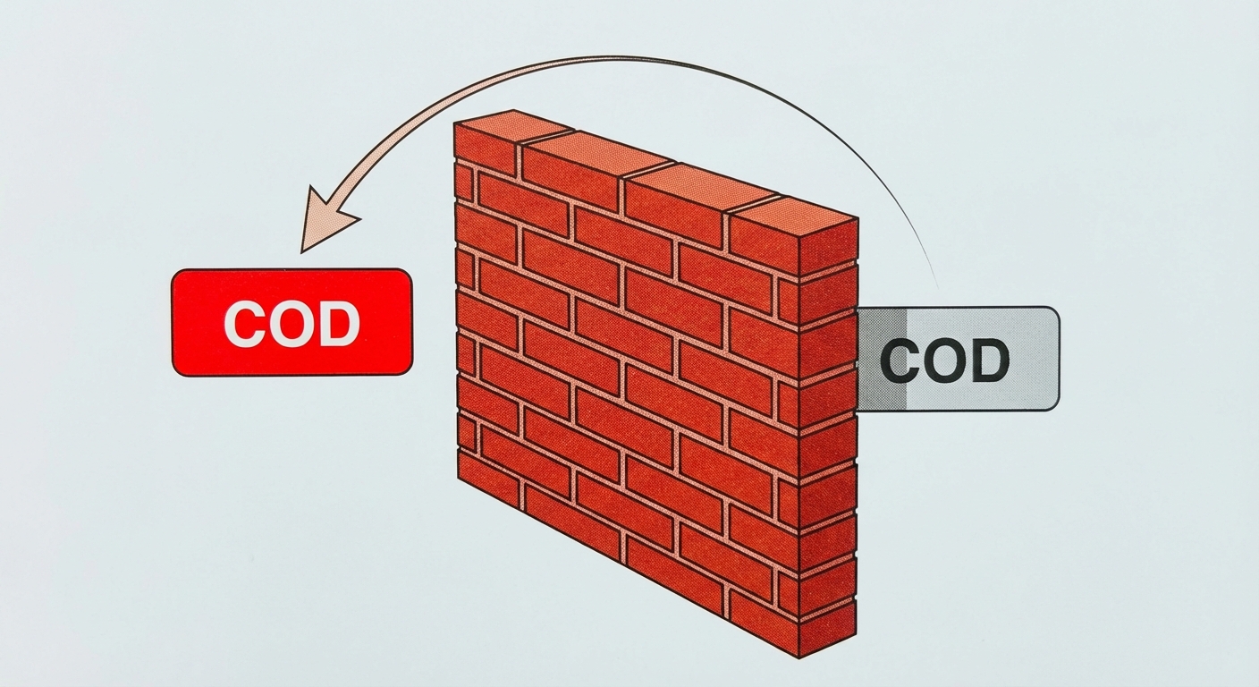 Schéma pédagogique simple. Au centre, un mur de briques rouges. À droite du mur, un mot étiquette 'COD' gris (caché). À gauche du mur, un mot étiquette 'COD' rouge vif (visible). Une flèche courbe montre le mouvement de la droite vers la gauche par-dessus le mur.
