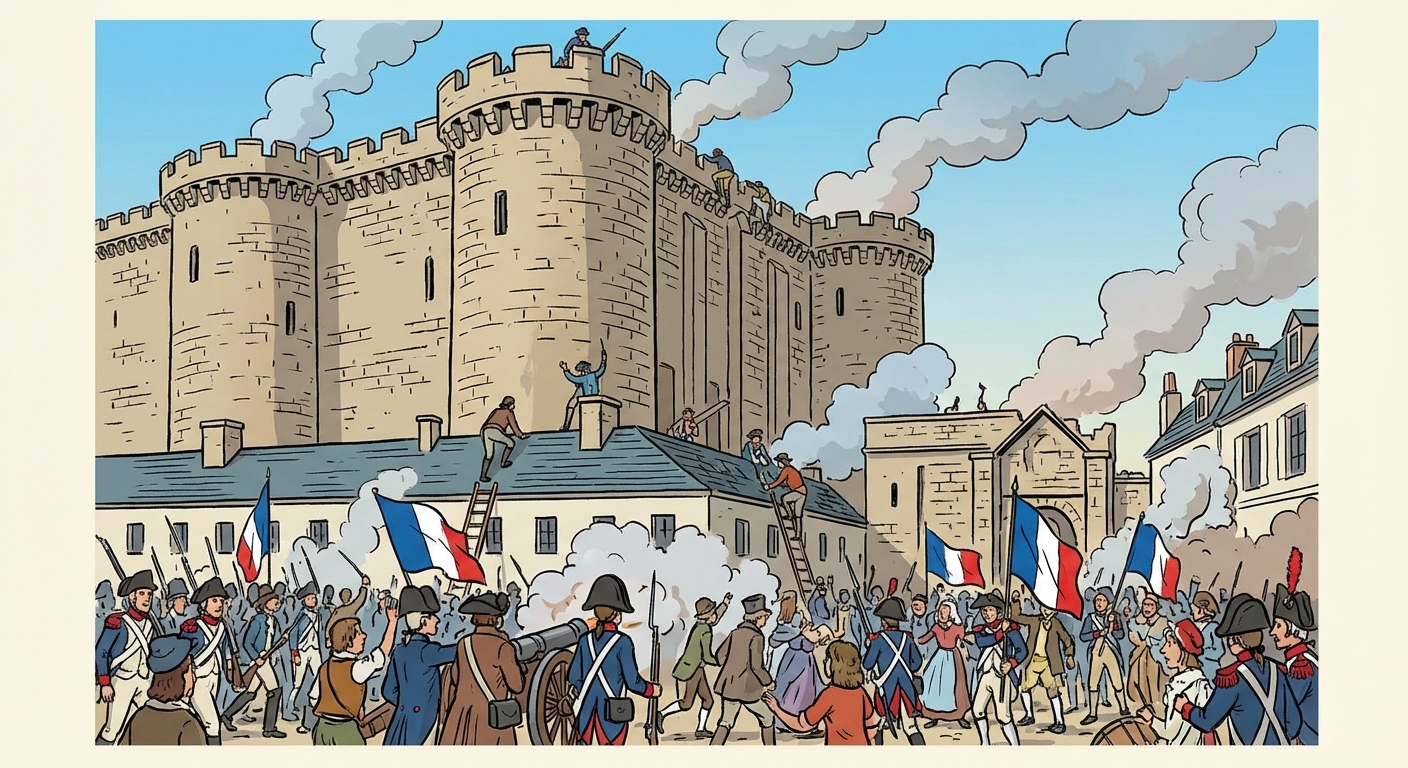 Peinture d'une vieille forteresse médiévale en pierre avec de hautes tours rondes. Une foule de gens en bas (soldats et citoyens), avec quelques drapeaux tricolores et de la fumée de canon. Certains hommes grimpent sur les murs. Le ciel est bleu avec des nuages de fumée.